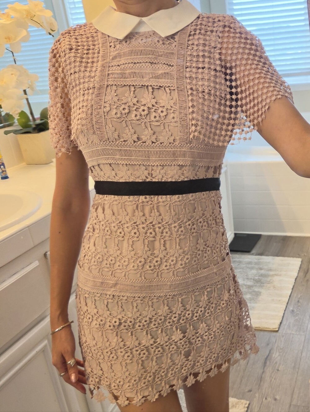 Lace Overlay Short Dress with Contrast Waist - Blush Pink